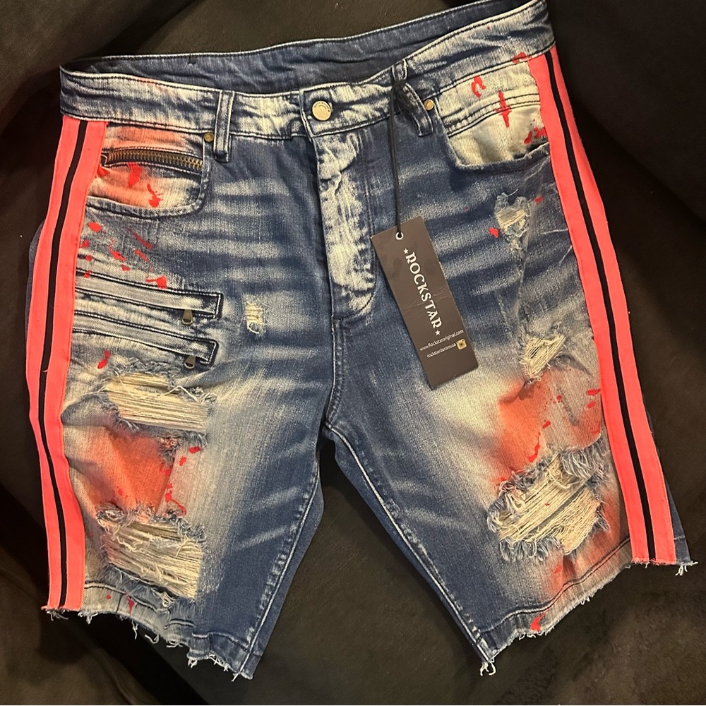 RARE Rockstar Brand NWT button fly Distressed bright orange denim shorts